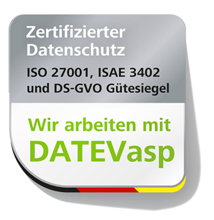 Wir arbeiten mit DATEVasp Zertifizierter Datenschutz ISO 27001, ISAE 3402 und DS-GVO Gütesiegel