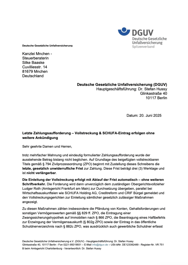 Spam Mail "Dr. Stefan Hussy, DGUV Präventionsmodul"